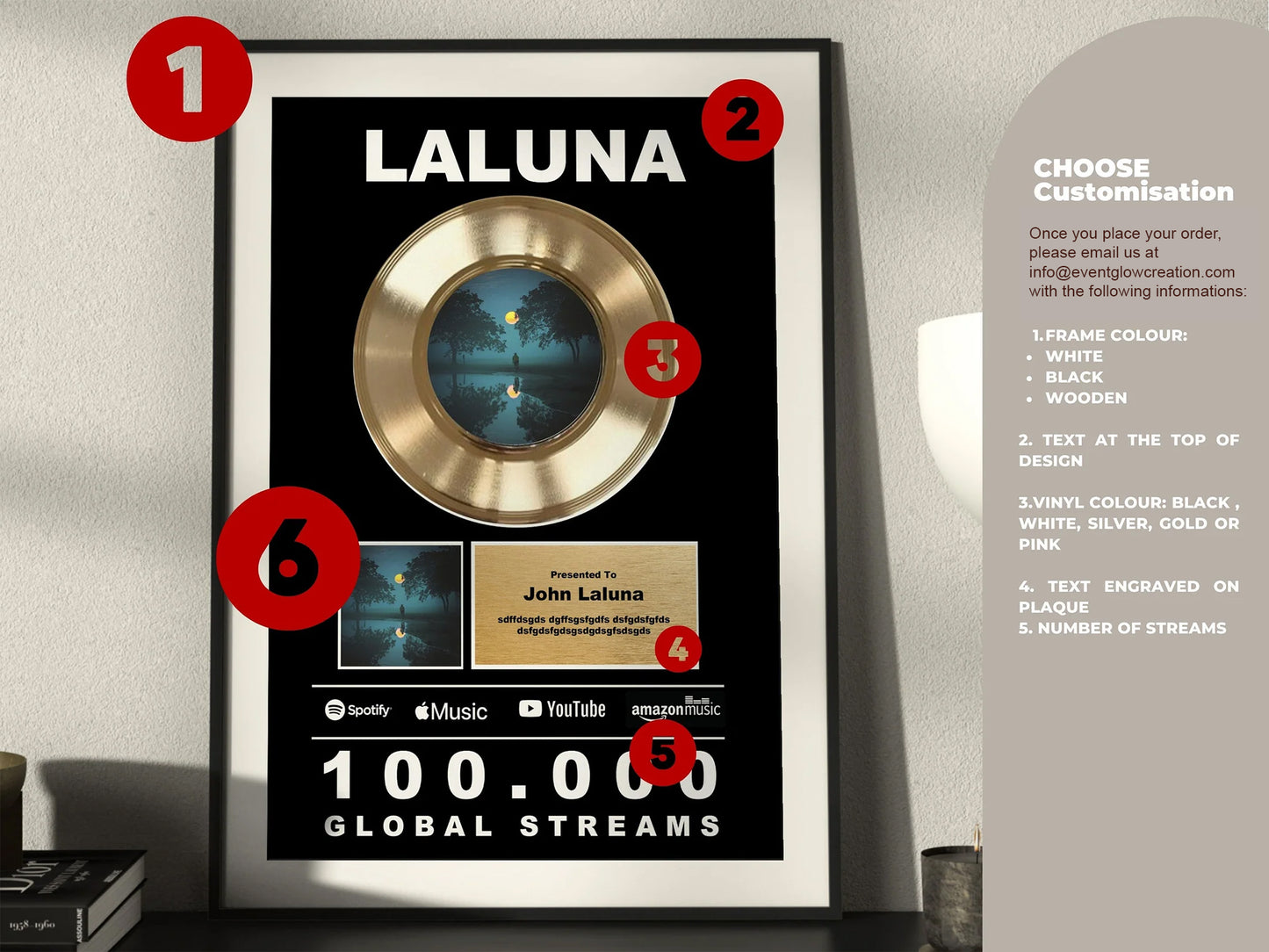 Custom Gold Vinyl Record Frame ,Award Plaque , streaming Goal Gift , Recognition Award , Award for Musicians, Singers, Artists, Producers