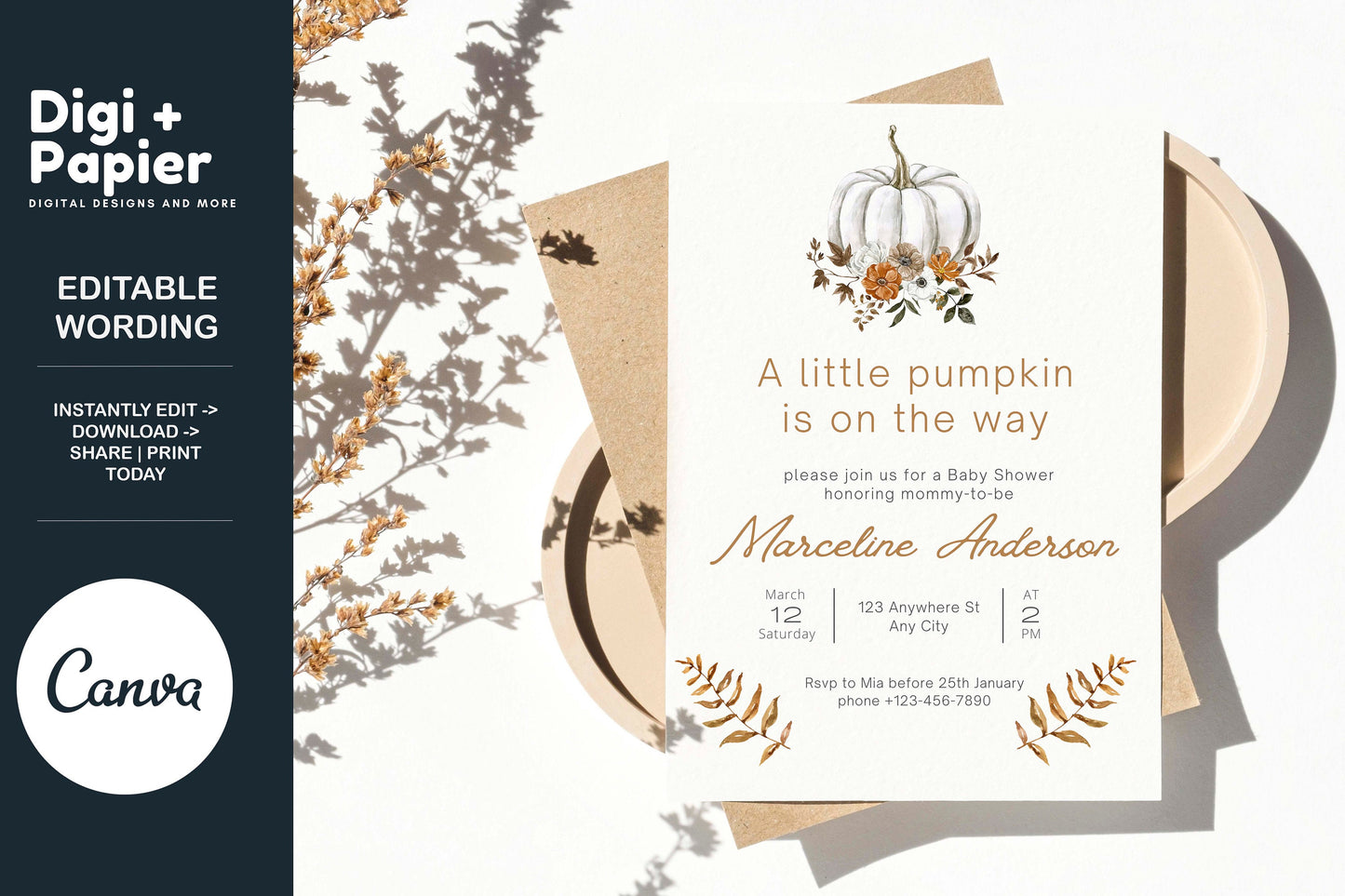 Editable Fall Pumpkin Baby Shower Invitation A Little Pumpkin On the Way Baby Shower Invite Template Instant Download Floral Invitation