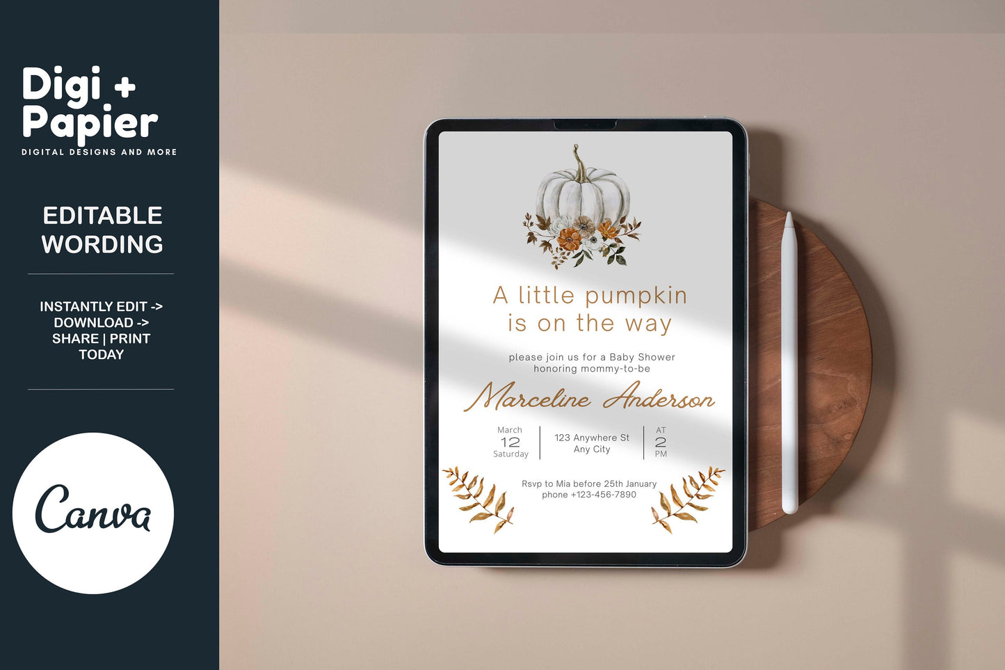 Editable Fall Pumpkin Baby Shower Invitation A Little Pumpkin On the Way Baby Shower Invite Template Instant Download Floral Invitation