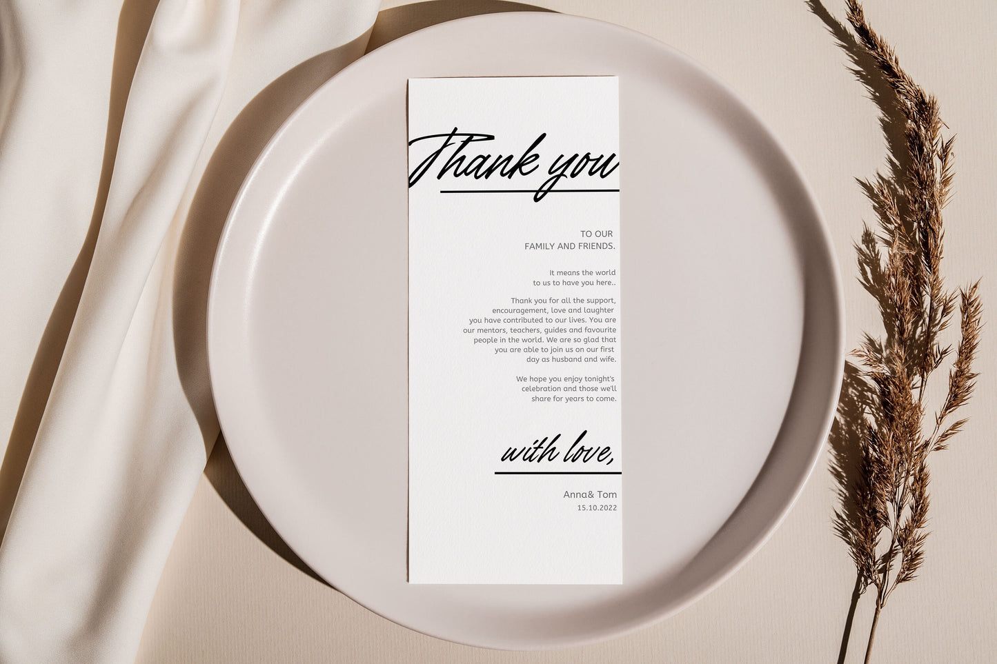 Minimalist Wedding Table Thank You Template, Thank You Napkin Note, Printable Thank You, Place Setting Thank You, Editable Instant Download