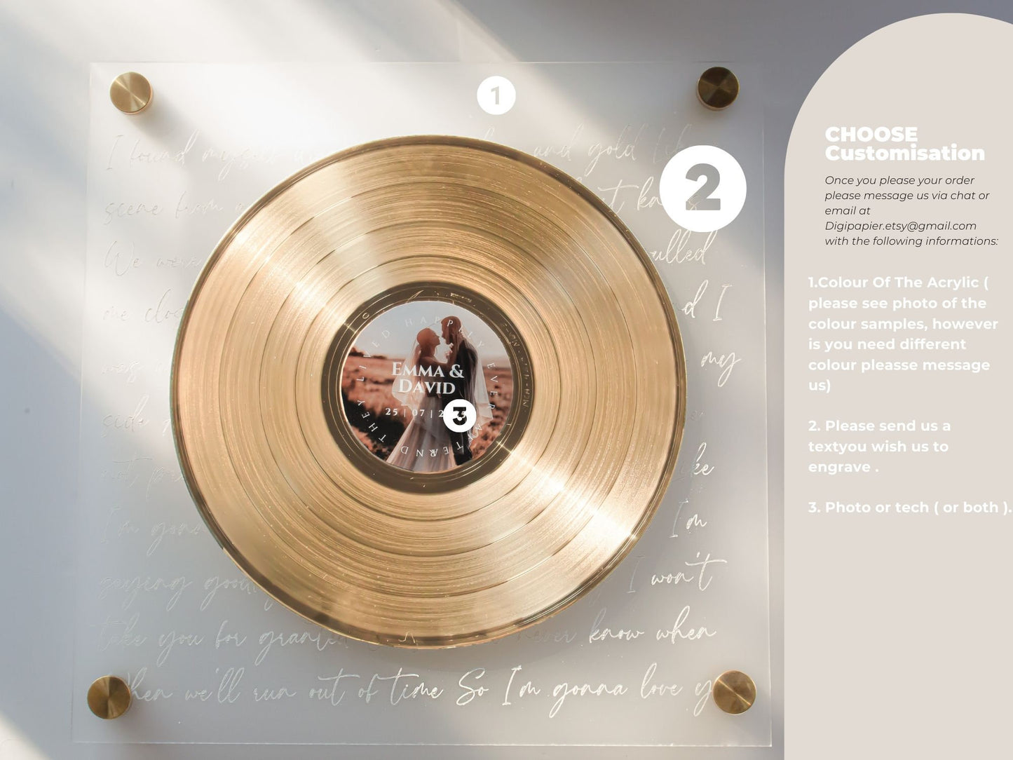 CUSTOM GOLD VINYL - Acrylic Sign-Plaque for Music Gift - Vinyl Record 2nd Anniversary Gift - Record Player Framed Poster Award - Song Lyric