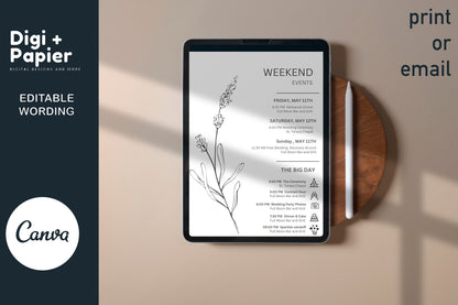 Modern Wedding Schedule  Wedding Welcome Bag Note & Timeline, Wedding Weekend Timeline, Wedding Order of Events Template, Minimalist