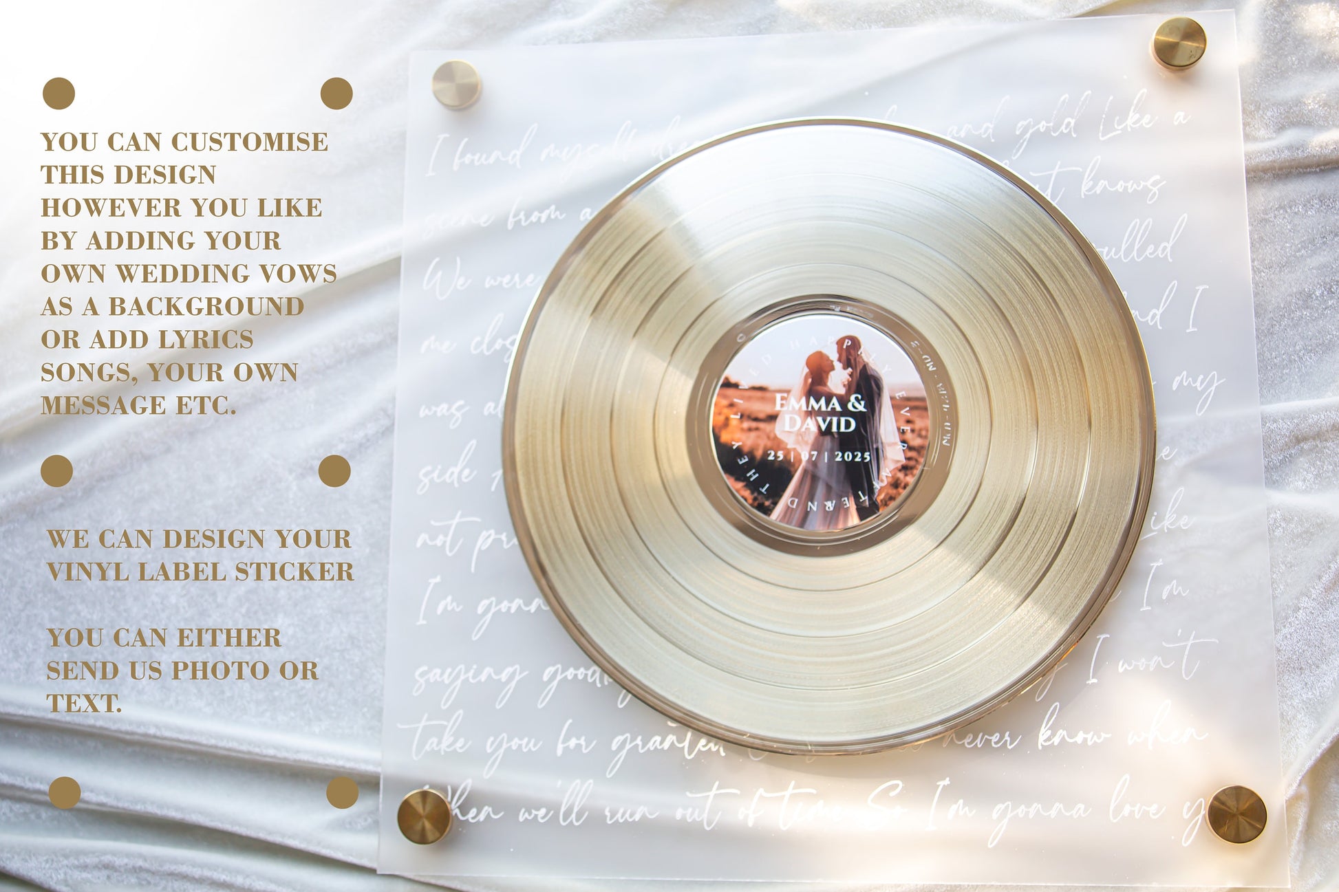 CUSTOM GOLD VINYL - Acrylic Sign-Plaque for Music Gift - Vinyl Record 2nd Anniversary Gift - Record Player Framed Poster Award - Song Lyric