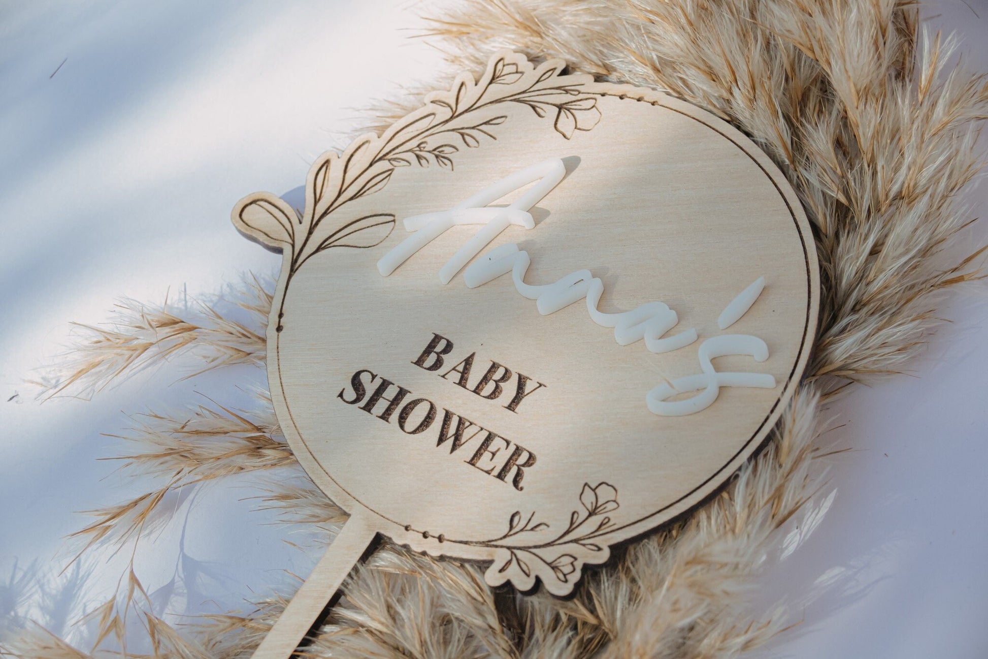 Baby Shower Cake Topper | Dried Flower Wreath | New Baby | Gender Neutral | Oh Baby | Wooden Hey Baby Cake Topper | Baby Boy | Baby Girl