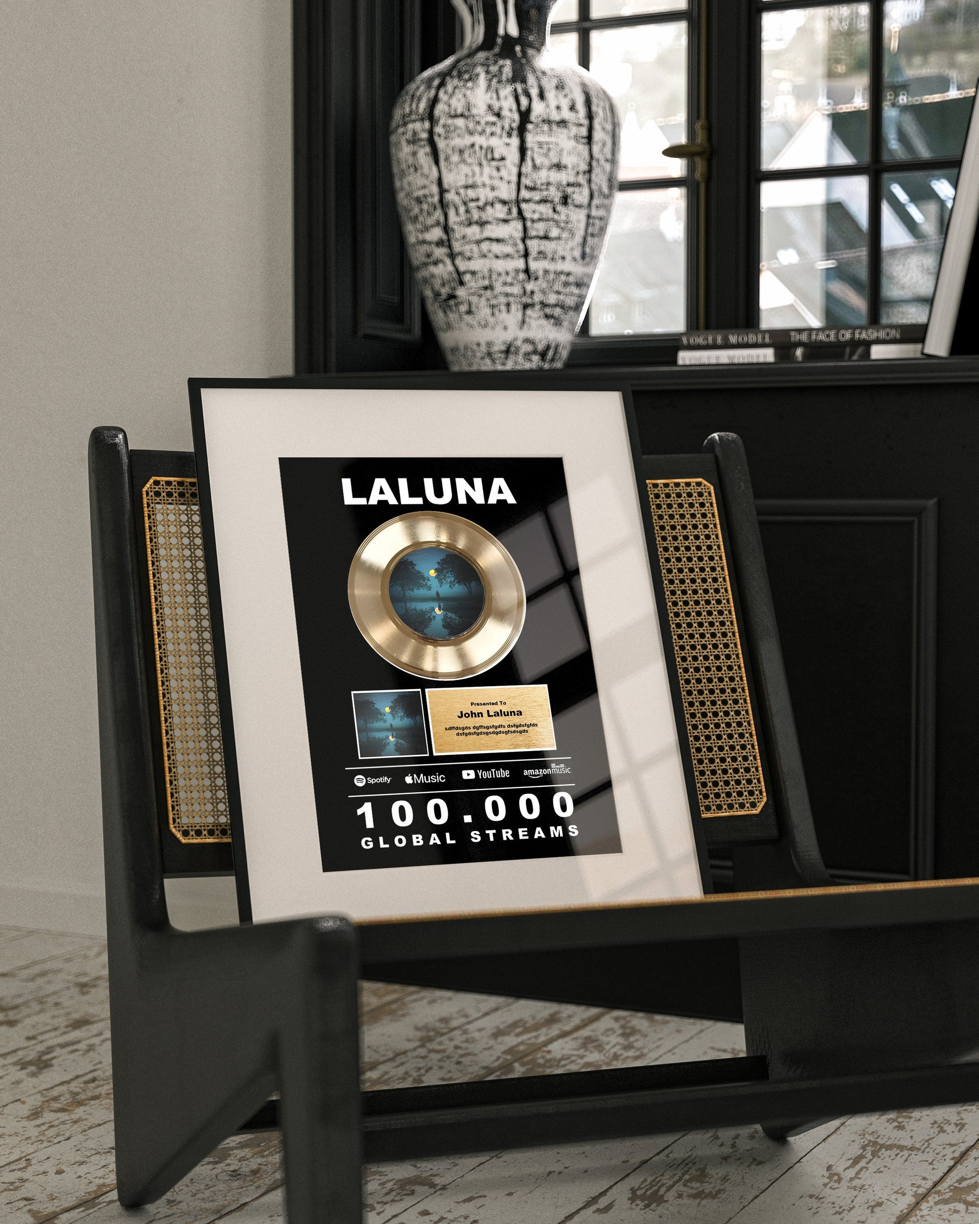 Custom Gold Vinyl Record Frame ,Award Plaque , streaming Goal Gift , Recognition Award , Award for Musicians, Singers, Artists, Producers