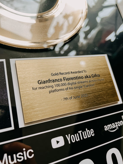 Custom Gold Vinyl Record Frame ,Award Plaque , streaming Goal Gift , Recognition Award , Award for Musicians, Singers, Artists, Producers